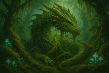 Mystical forest guardian dragon covered in moss and ancient vines in enchanted woodland setting