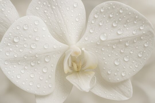 Delicate white orchid petals with morning dew creating zen botanical background