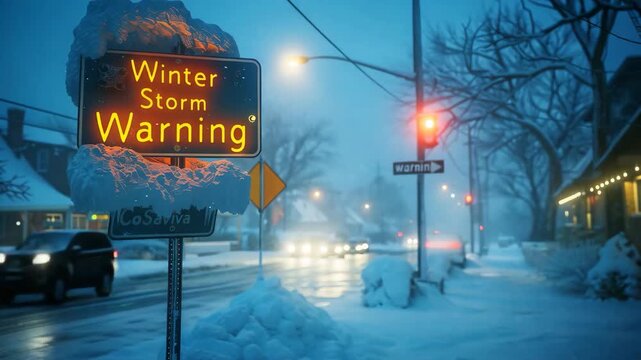 Winter Storm Warning Sign on Snowy Street at Night
