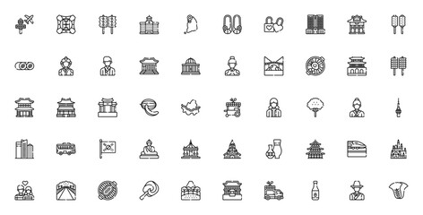 Seoul_6134 icon set. Korean culture vector symbols. Features landmarks like Gyeongbokgung palace, Seoul tower, Nami island, plus food like kimchi, bibimbap, soju, and more.