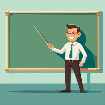 The image shows a cartoon teacher standing in front of a blackboard, holding a pointer in his hand.