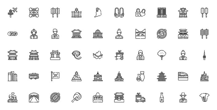 Seoul_6134 icon set. Korean culture vector symbols. Features landmarks like Gyeongbokgung palace, Seoul tower, Nami island, plus food like kimchi, bibimbap, soju, and more.