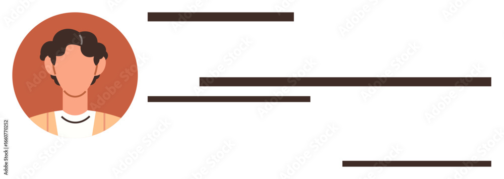 Poster portrait avatar with simple facial features alongside horizontal text lines suggests a user profile.