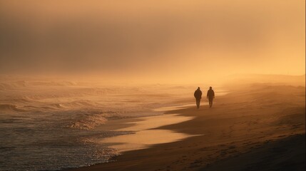 Two figures stroll along a beach at sunrise, bathed in golden light, waves crashing