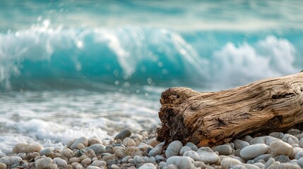 Beach scene with a wooden log on a pebbly shore, waves crashing in the background