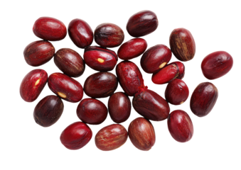 Close-up of many deep red, oval seeds with darker streaks