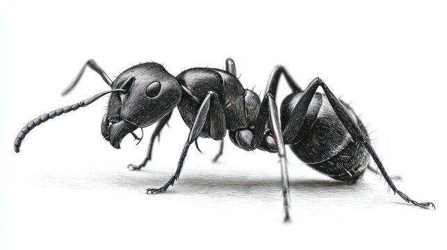 Detailed monochrome drawing of ant featuring antennae, mandibles, and segmented body