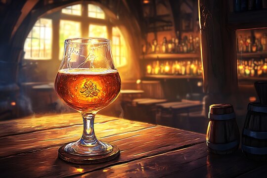 A glass of amber ale sits on a wooden table in a cozy pub