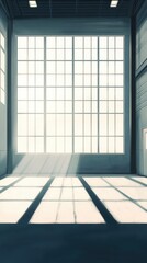 A large window in a building with a white wall