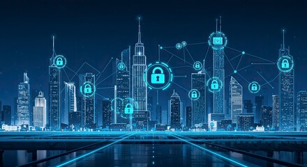 Cyber Security Cityscape: Digital Padlocks Over Modern Skyline, Networked Protection