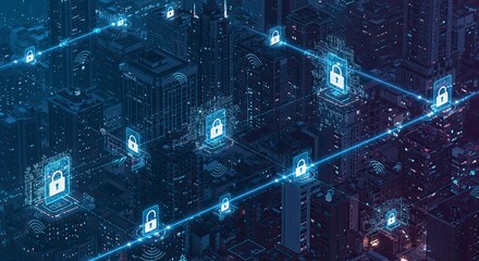 Cyber Security Cityscape: Digital Network with Glowing Padlocks, Futuristic Concept.
