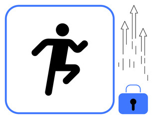 Black runner icon in motion, rising arrows and blue security lock. Ideal for growth, progress, success, security, protection, resilience strategy themes. Simple flat metaphor