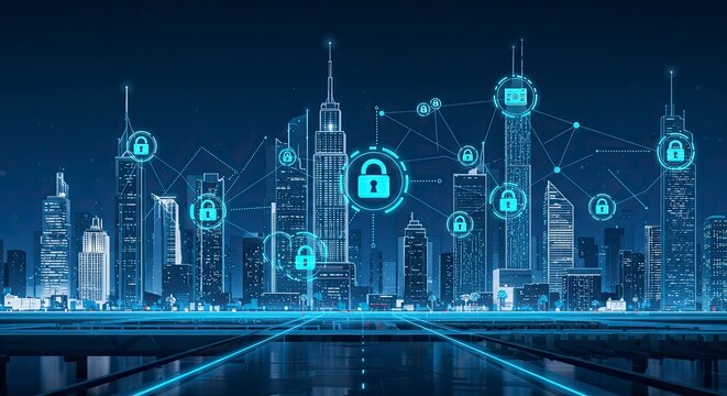 Cyber Security Cityscape: Digital Padlocks Over Modern Skyline, Networked Protection
