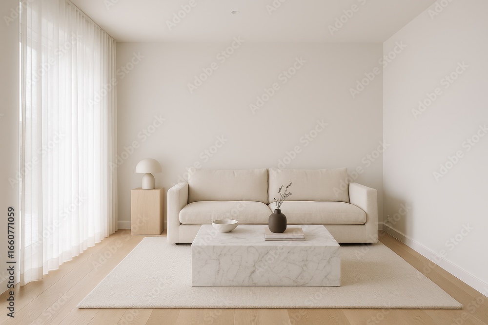 Poster bright minimalist apartment with floor-to-ceiling windows and neutral color scheme