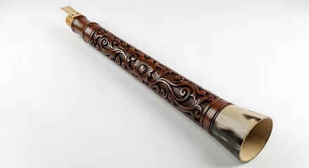 Exquisite Hand-Carved Traditional Wooden Wind Instrument with Ornate Patterns, Evoking Ancient Melodies and Cultural Artistry, Isolated on White