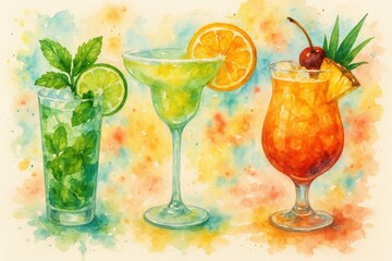 Watercolor illustration of tropical cocktails collection with colorful drinks on white background