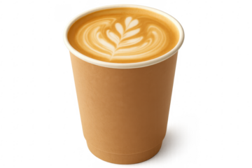 Latte art decorating steaming coffee in disposable paper cup with transparent background