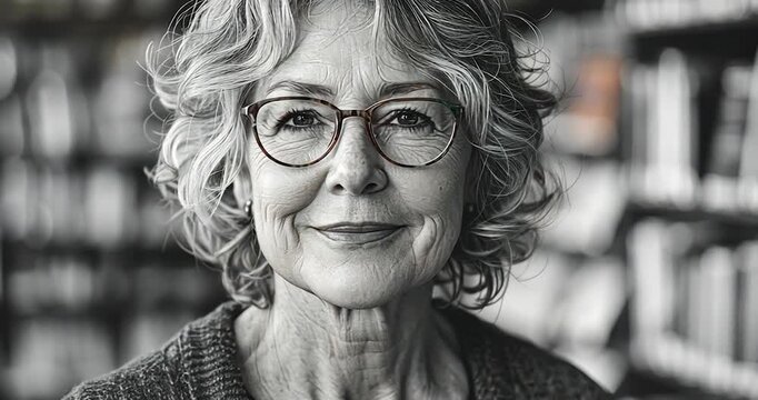 Portrait of a smiling senior woman wearing glasses in a library.