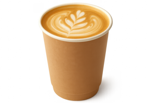 Latte art decorating steaming coffee in disposable paper cup with transparent background