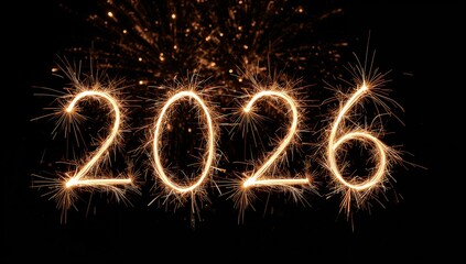 Bright sparklers form the year 2026 against a dark background