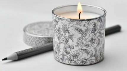 Floral candle burning, with a pencil and patterned round box