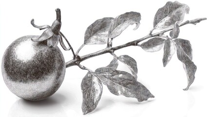Gray scaled fruit attached to a small branch with several leaves