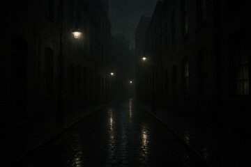 Obraz premium Atmospheric noir alley at night with wet cobblestones reflecting neon lights in urban cityscape