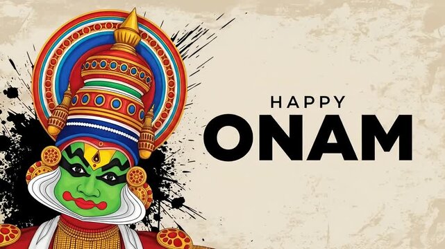 Image is a digital artwork featuring a stylized depiction of a Kathakali dancer, a classical Indian dance form. The dancer's face is painted in vibrant green with intricate facial patterns, and the he