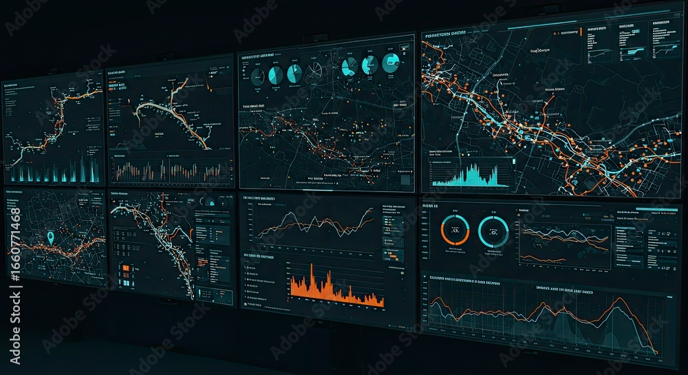 Poster dark monitoring room: complex data visualization on multiple screens