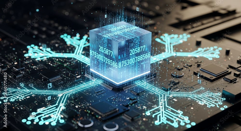 Poster futuristic digital brain processing data on a circuit board.