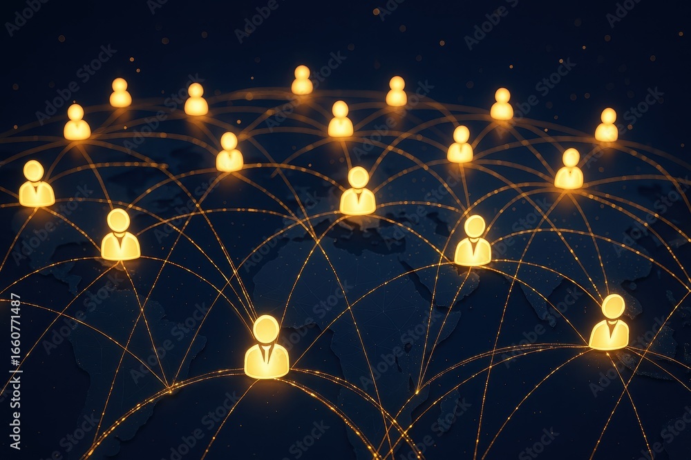 Poster digital network visualization showing interconnected professionals across global business ecosystem