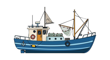 Whimsical fishing vessel illustration with nautical detailing and vibrant blue color palette  a charming design perfect for maritime themed projects
