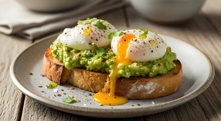 Gourmet avocado toast featuring perfectly poached eggs with runny yolks, seasoned with microgreens and a sprinkle of spices, set against a rustic wooden backdrop offering a delightful breakfast or