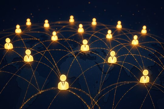 Digital network visualization showing interconnected professionals across global business ecosystem