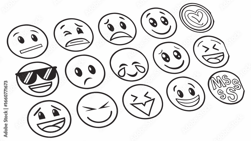 Poster collection of handdrawn emoji faces with various expressions, perfect for adding a touch of fun to y