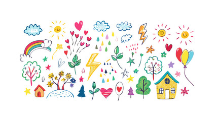 Cute colorful doodle set with rainbow, hearts, clouds, sun, trees, houses, stars, and more hand drawn vector illustration for kids and decoration