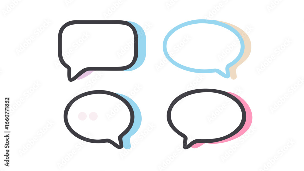 Poster four speech bubbles with colorful shadows, symbolizing communication, dialog, and online interaction