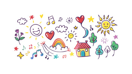 Colorful doodles featuring a variety of hand drawn elements such as hearts, suns, flowers, stars, music notes, rainbows, houses, and trees