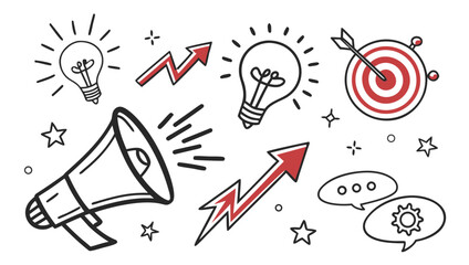Hand drawn marketing and business elements featuring a megaphone, light bulbs, arrows, target, stars, and speech bubbles with gears