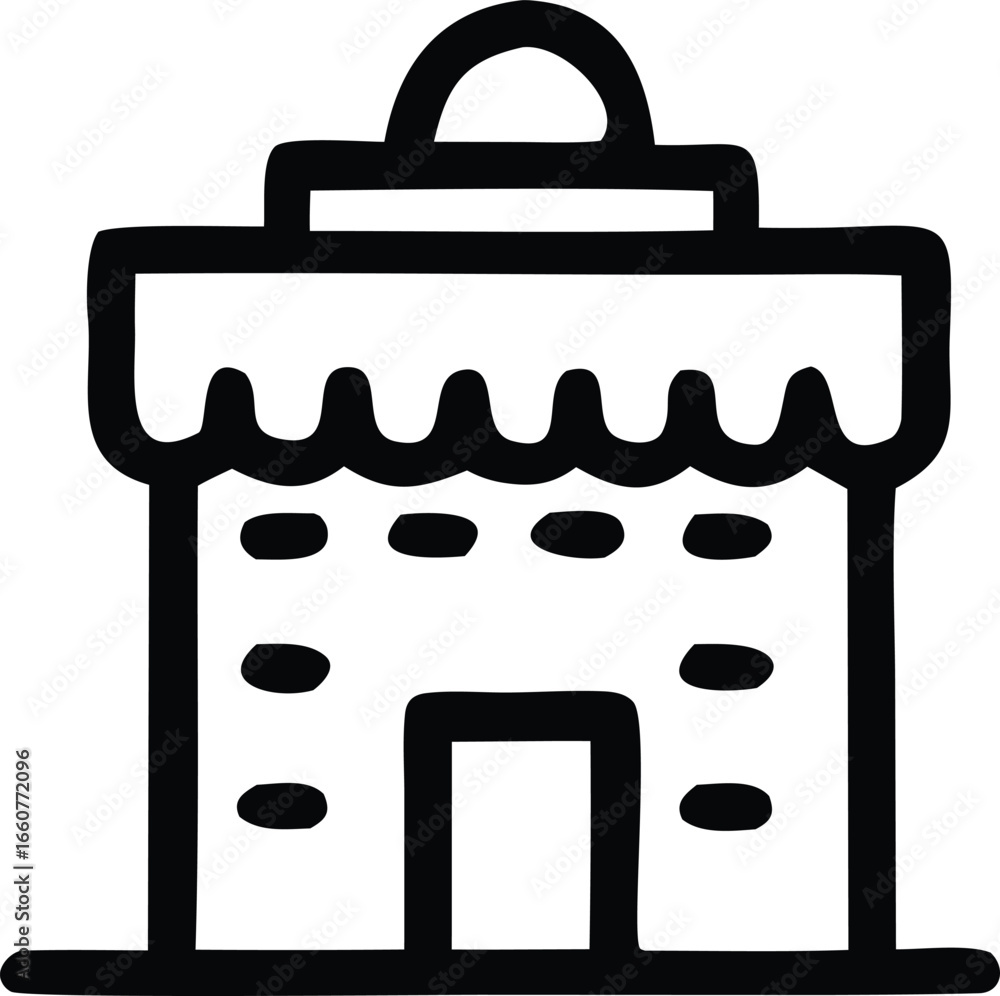 Poster Simple line art icon of a storefront or building with an archway and multiple windows representing commerce or architecture