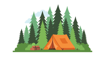 Fototapeta premium Peaceful campsite nestled within a vibrant evergreen forest under a gentle, cloudy sky offers a tranquil natural escape