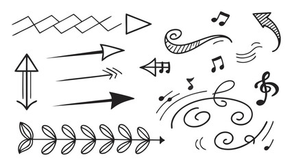 Hand drawn doodle music notes, clef and arrows for decoration, design element, sketch, vector illustration, graphic art