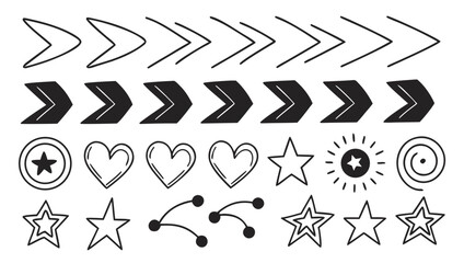 Hand drawn doodle illustration of arrows, hearts, stars, sun, spiral, lines, and dots for creative design