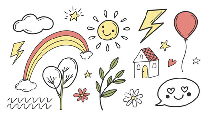 Hand drawn doodle set with sun, rainbow, cloud, star, lightning, balloon, house, tree, flower, branch, heart, and speech bubble