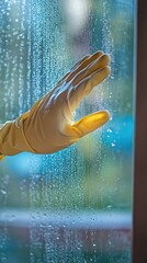 A person wearing yellow gloves is wiping a window