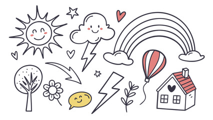 Hand drawn doodle set with sun, rainbow, cloud, star, lightning, balloon, house, tree, flower, branch, heart, speech bubble, and arrow