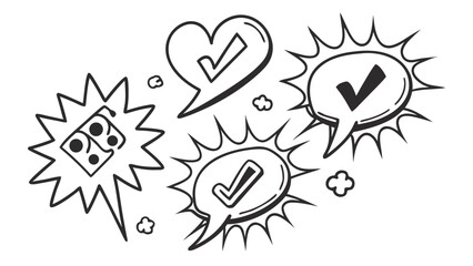 Hand drawn speech bubbles with check marks, heart and domino, perfect for expressing positive feedback and communication