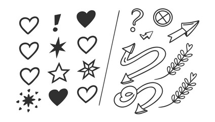 Hand drawn doodle set with hearts, arrows, stars, question marks, and leaves for creative projects and designs