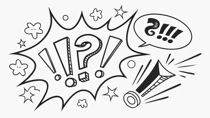 Hand drawn exclamation points, question marks, speech bubbles, and stars for design elements, vector illustration, and graphic resources