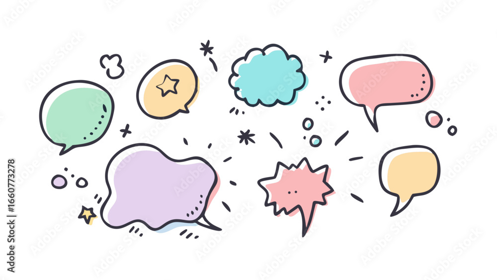Poster set of handdrawn speech bubbles with different shapes and expressions, perfect for adding a touch of
